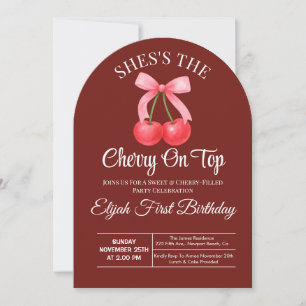 Pink Bow Coquette Cherry On Top Girl 1st Birthday Invitation