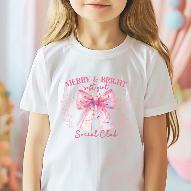 Pink bow Coquette Christmas  T-Shirt (Girls Christmas shirt Merry and Bright Soft Girl Social Club)