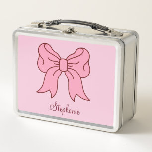 Pink Bow Coquette Custom Name Cute Girls Preppy Metal Lunch Box