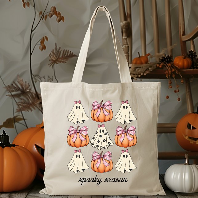 Pink Bow Coquette Cute Ghost And Pumpkin Halloween Tote Bag (Creator Uploaded)