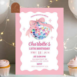 Pink Bow Coquette Disco Ball Girl Birthday Invitation
