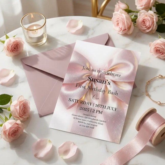 Pink bow coquette first birthday bash invitation (Creator Uploaded)