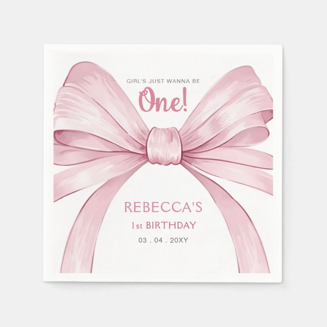 Pink Bow Coquette First Birthday Napkin (Front)