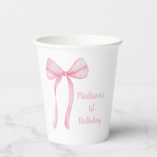 Pink Bow Coquette First Birthday Paper Cups (Front)