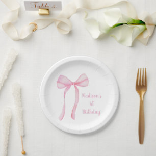 Pink Bow Coquette First Birthday Paper Plate