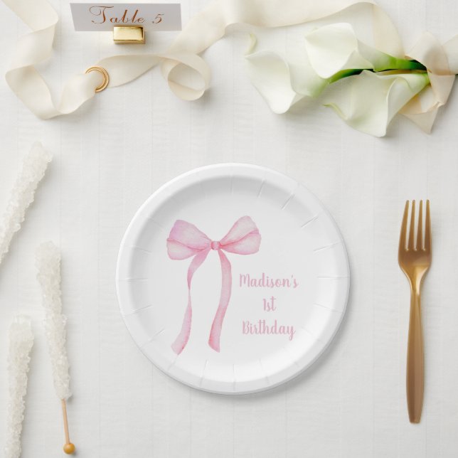 Pink Bow Coquette First Birthday Paper Plate (Wedding)