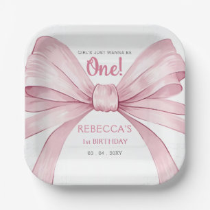 Pink Bow Coquette First Birthday Paper Plate