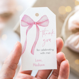 Pink Bow Coquette First Birthday Thank You Gift Tags