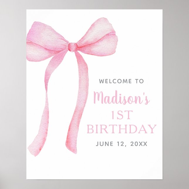 Pink Bow Coquette First Birthday Welcome Poster (Front)