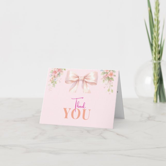 Pink Bow Coquette Floral Baby Girl Baby Shower Thank You Card (Front)