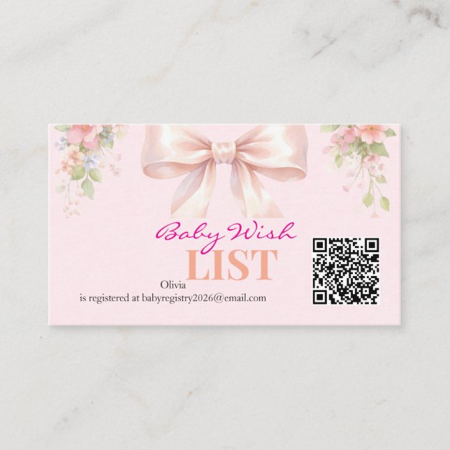 Pink Bow Coquette Floral Baby Registry QR Code Enclosure Card (Front)