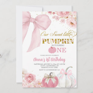 Pink Bow Coquette Floral Pumpkin 1st birthday Invitation