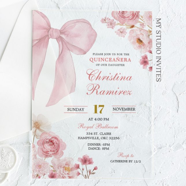 Pink Bow coquette floral Quinceanera  Acrylic Invitations (Creator Uploaded)