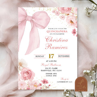 Pink Bow coquette floral Quinceanera Invitation