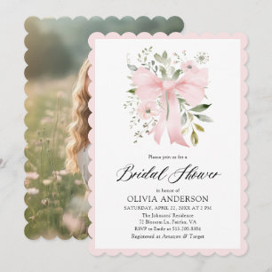 Pink Bow Coquette Floral Scalloped Bridal Shower Invitation