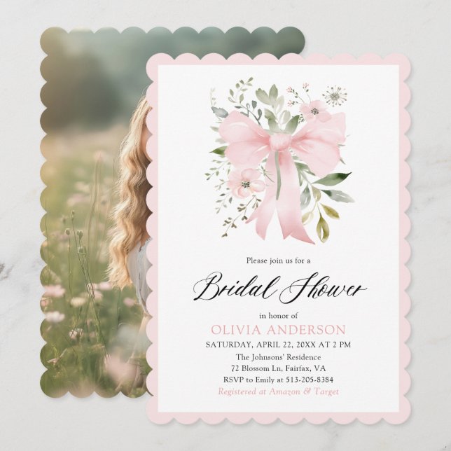 Pink Bow Coquette Floral Scalloped Bridal Shower Invitation (Front/Back)