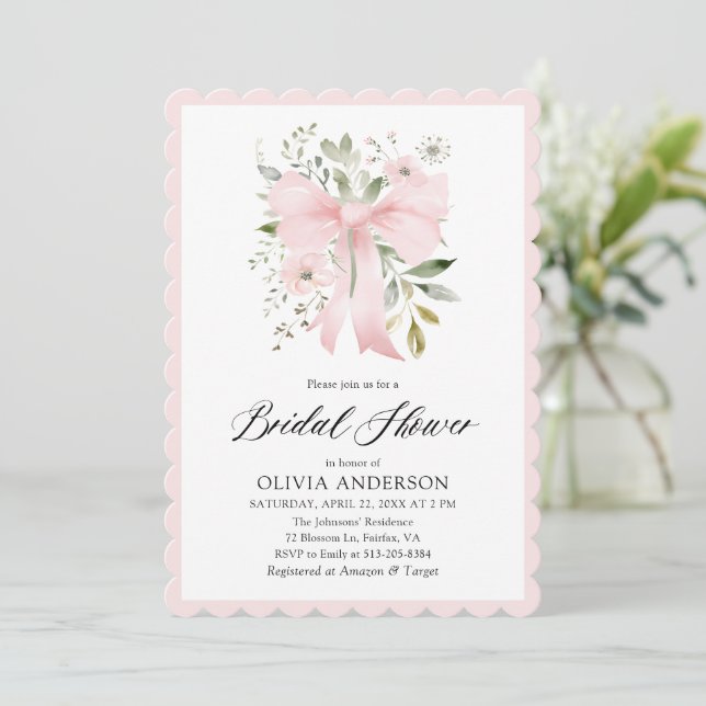 Pink Bow Coquette Floral Scalloped Bridal Shower Invitation (Standing Front)