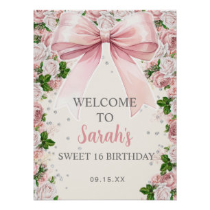 Pink Bow Coquette Floral Vintage Sweet 16 Poster