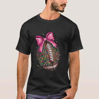 Pink Bow Coquette Football Disco Ball Game Day Mum T-Shirt