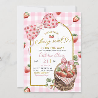 Pink Bow Coquette Gingham Berry Sweet Baby Shower Invitation