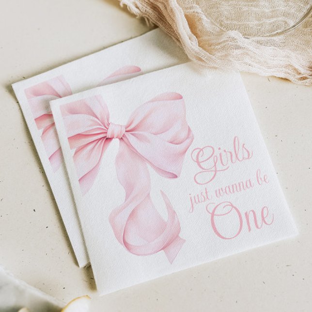 Pink Bow Coquette Girl 1st Birthday Napkin (Creator Uploaded)
