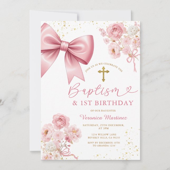 Pink Bow Coquette Girl Baptism and Birthday Floral Invitation (Front)