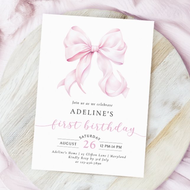 Pink Bow Coquette Girl First Birthday Invitation (Creator Uploaded)