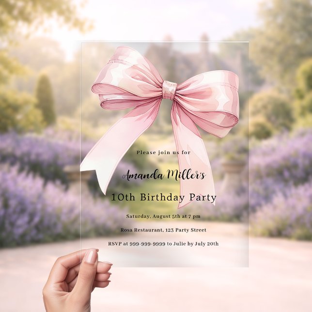 Pink bow coquette girl luxury clear birthday acrylic invitations (Creator Uploaded)