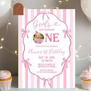 Pink Bow Coquette Girls Just wanna be ONE Birthday Invitation