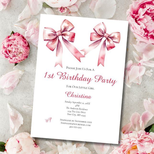 Pink Bow Coquette Girly 1st Birthday Invitation (Pink Bow Coquette aesthetic baby girl 1st birthday party invitation. Digital or printed)