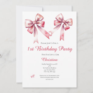 Pink Bow Coquette Girly 1st Birthday Invitation