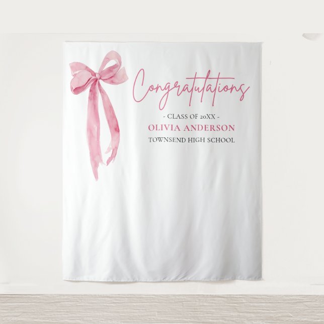 Pink Bow Coquette Graduation Congratulation Banner Tapestry (Front)