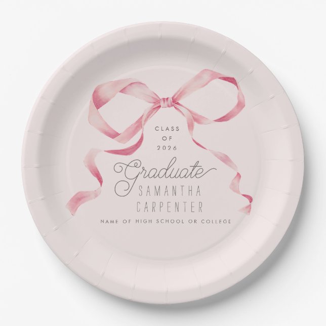 Pink Bow Coquette Graduation Party  Paper Plate (Front)