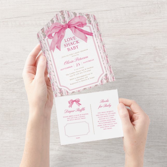 Pink Bow Coquette Love Shack Baby Shower All In One Invitation (Tearaway)