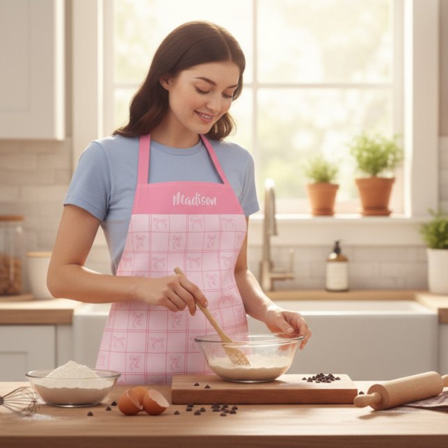 Pink Bow Coquette Modern Girly Personalised Name Apron (Creator Uploaded)