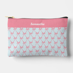 Pink Bow Coquette Pattern on Blue Custom Name Accessory Pouch