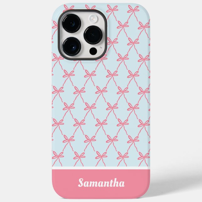 Pink Bow Coquette Pattern on Blue Custom Name Case-Mate iPhone Case (Back)