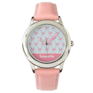 Pink Bow Coquette Pattern on Blue Custom Name Watch