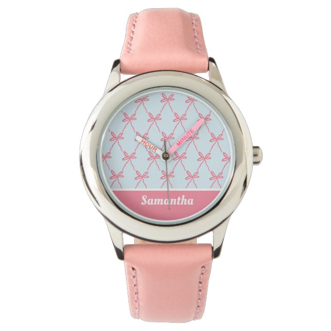 Pink Bow Coquette Pattern on Blue Custom Name Watch (Front)