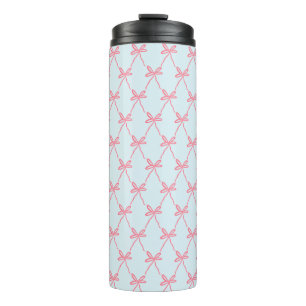 Pink Bow Coquette Pattern on Blue Thermal Tumbler