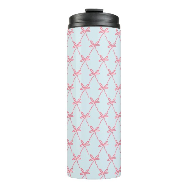 Pink Bow Coquette Pattern on Blue Thermal Tumbler (Front)
