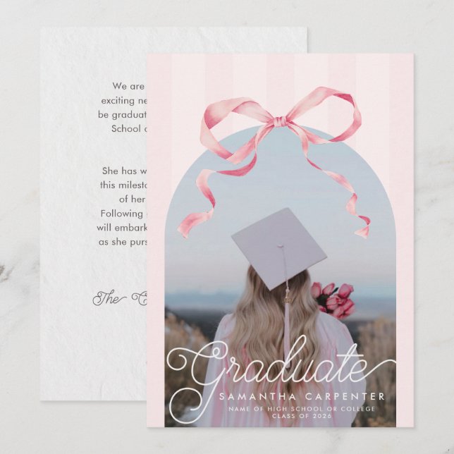 Pink Bow Coquette Photo Graduation Party  Announcement (Front/Back)