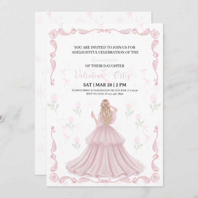Pink Bow coquette Princess floral Quinceanera  Invitation (Front/Back)
