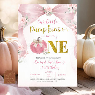 Pink Bow Coquette Pumpkin 1st birthday Invitation