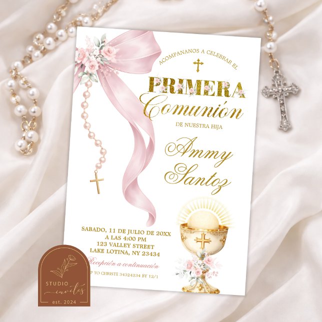Pink Bow Coquette Rosary Primera comunion Invitation (Creator Uploaded)