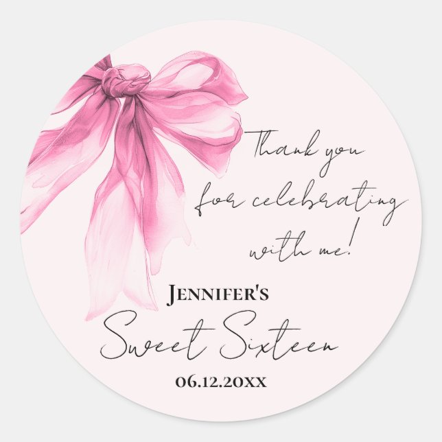Pink Bow Coquette Script Sweet 16 Thank You Blush  Classic Round Sticker (Front)