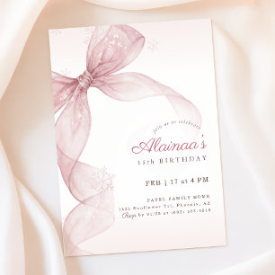Pink Bow Coquette Snowflake Winter 15th Birthday Invitation