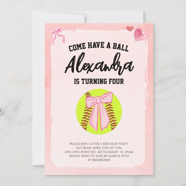 Pink Bow Coquette Softball Birthday Party Invitation (Front)