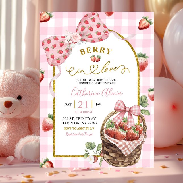 Pink Bow Coquette Strawberry Gingham Bridal Shower Invitation (Creator Uploaded)
