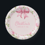Pink Bow Coquette Sweet 16 Paper Plate<br><div class="desc">These paper plates feature a bow and cabbage rose background with the phrase "Sweet 16" You can personalise with a name.</div>